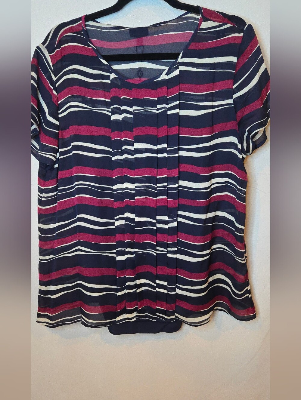 NWT Talbots Silk Short Sleeve Navy Burgundy White Striped Pleat-Front Blouse 16